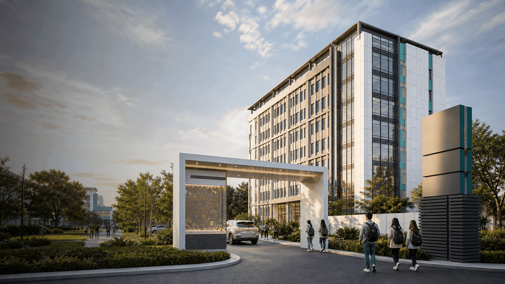 Gedung baru Universitas Battuta dengan area masuk kampus modern