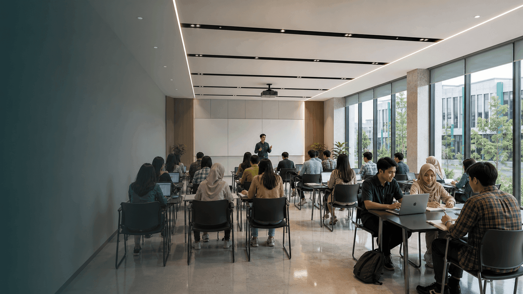 Ruang kelas modern Universitas Battuta dengan kegiatan belajar mahasiswa